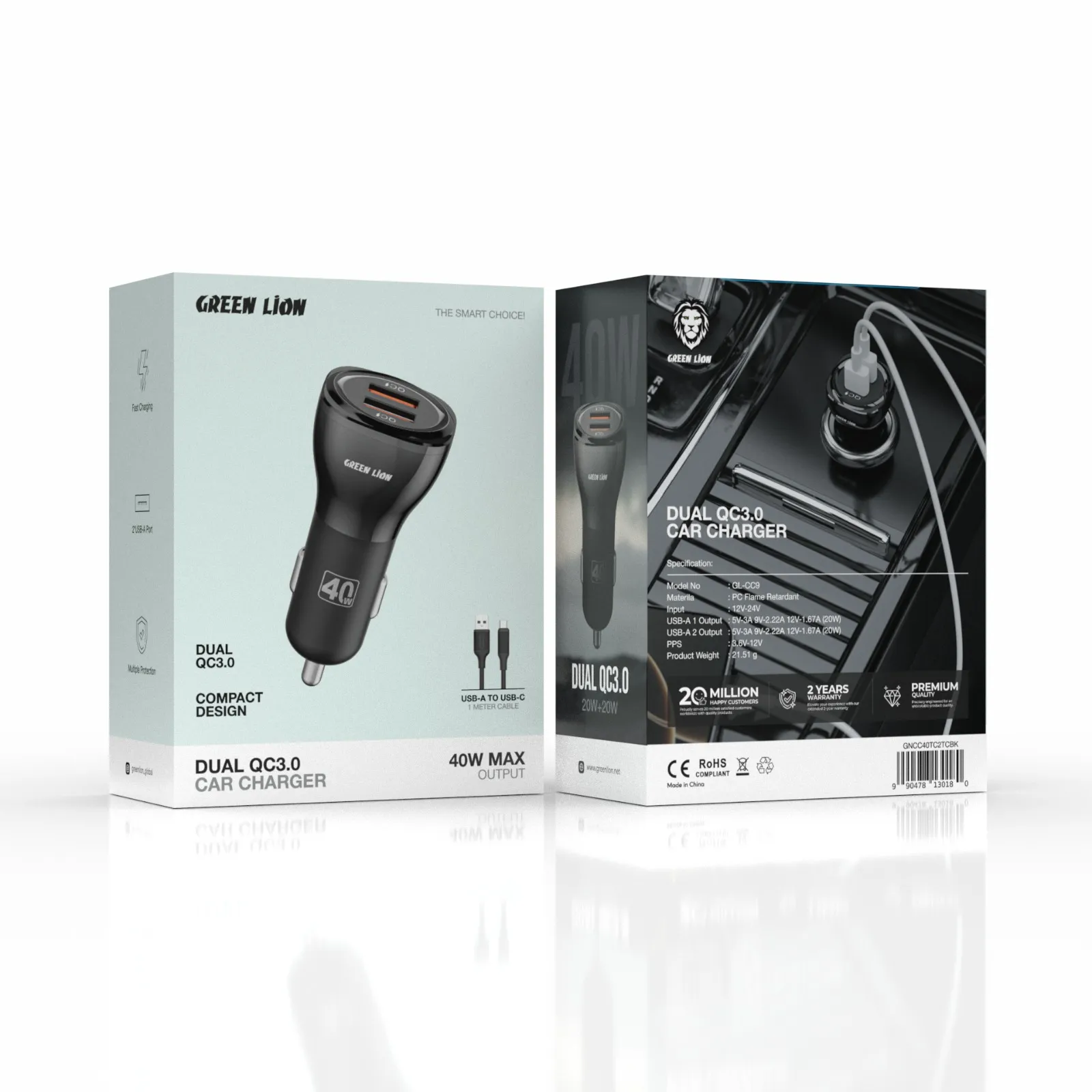 Green Lion Dual QC3.0 Car Charger 40W (QC 20W*2) With USB-A to Lightning Cable 1M - Image 3