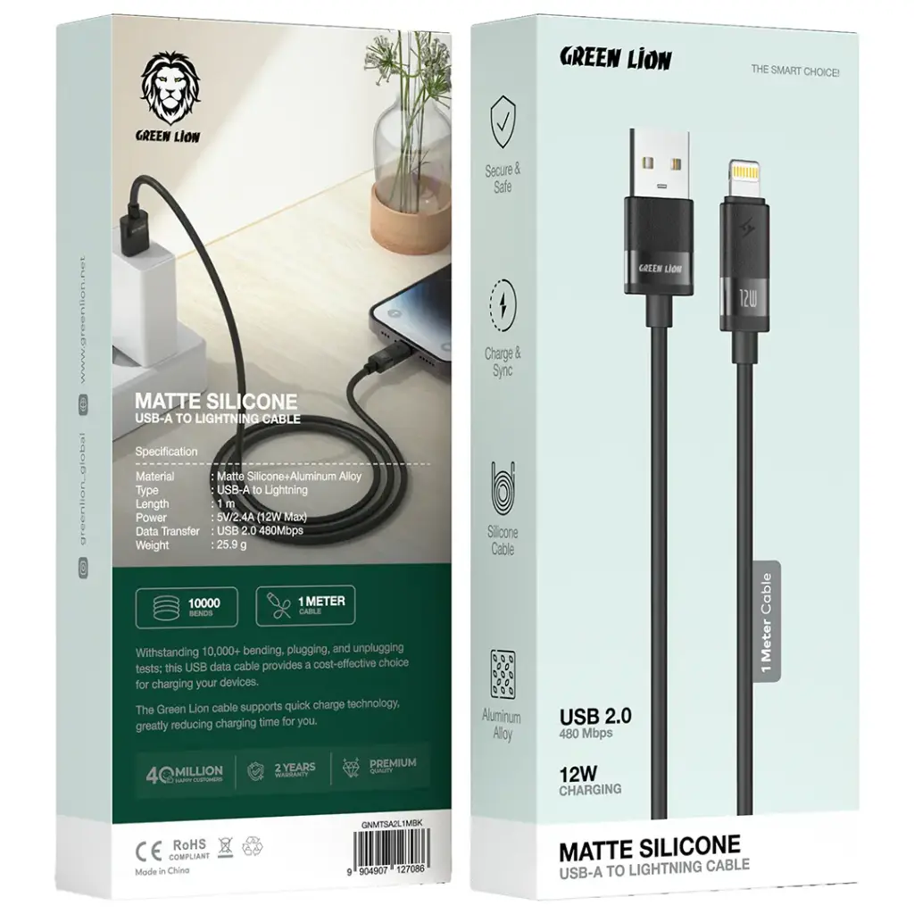 Green Lion Matte Silicone 1M Cable USB-A to Lightning 12W - Image 2