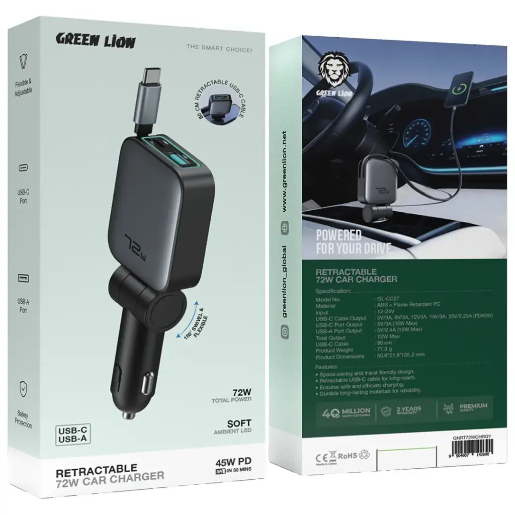 Green Lion Retractable 72W Car Charger PD 45W - Image 2