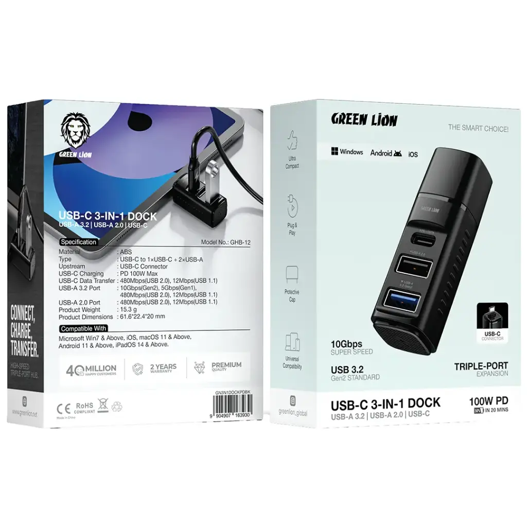 Green Lion USB-C 3-IN-1 DOCK , USB-A 3.2/USB-A 2.0/USB-C PD 100W