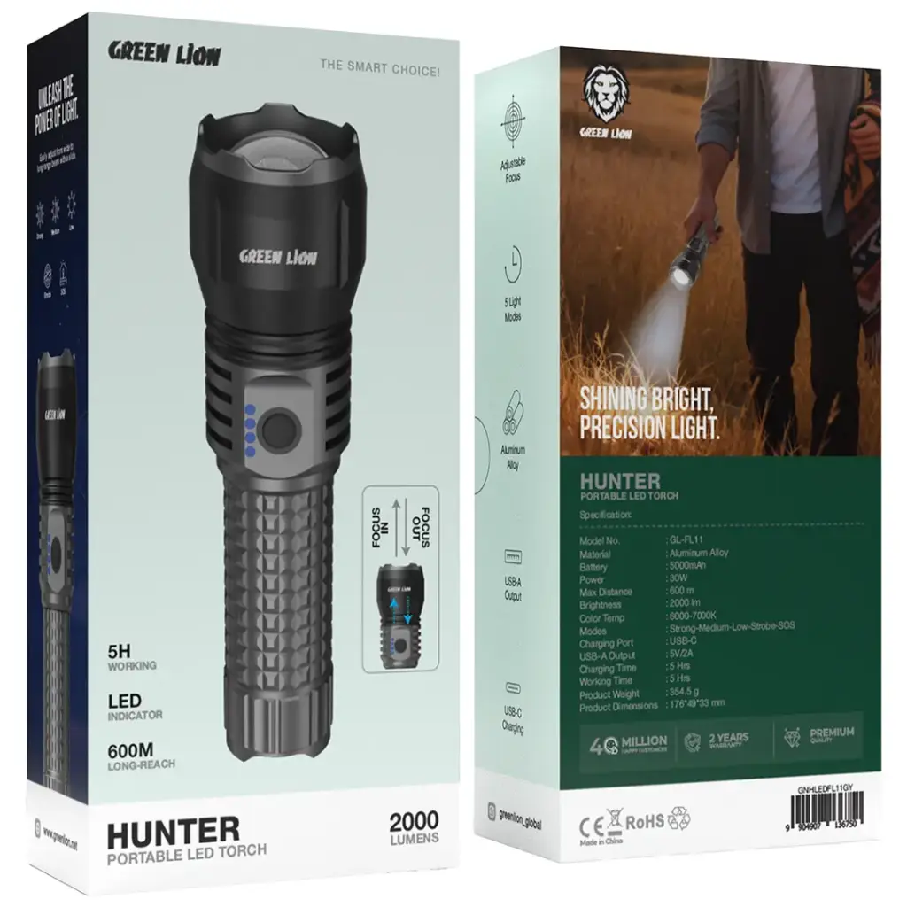 Green Lion Hunter Portable LED Torch 5000mAh 2000 Lumens - Image 2